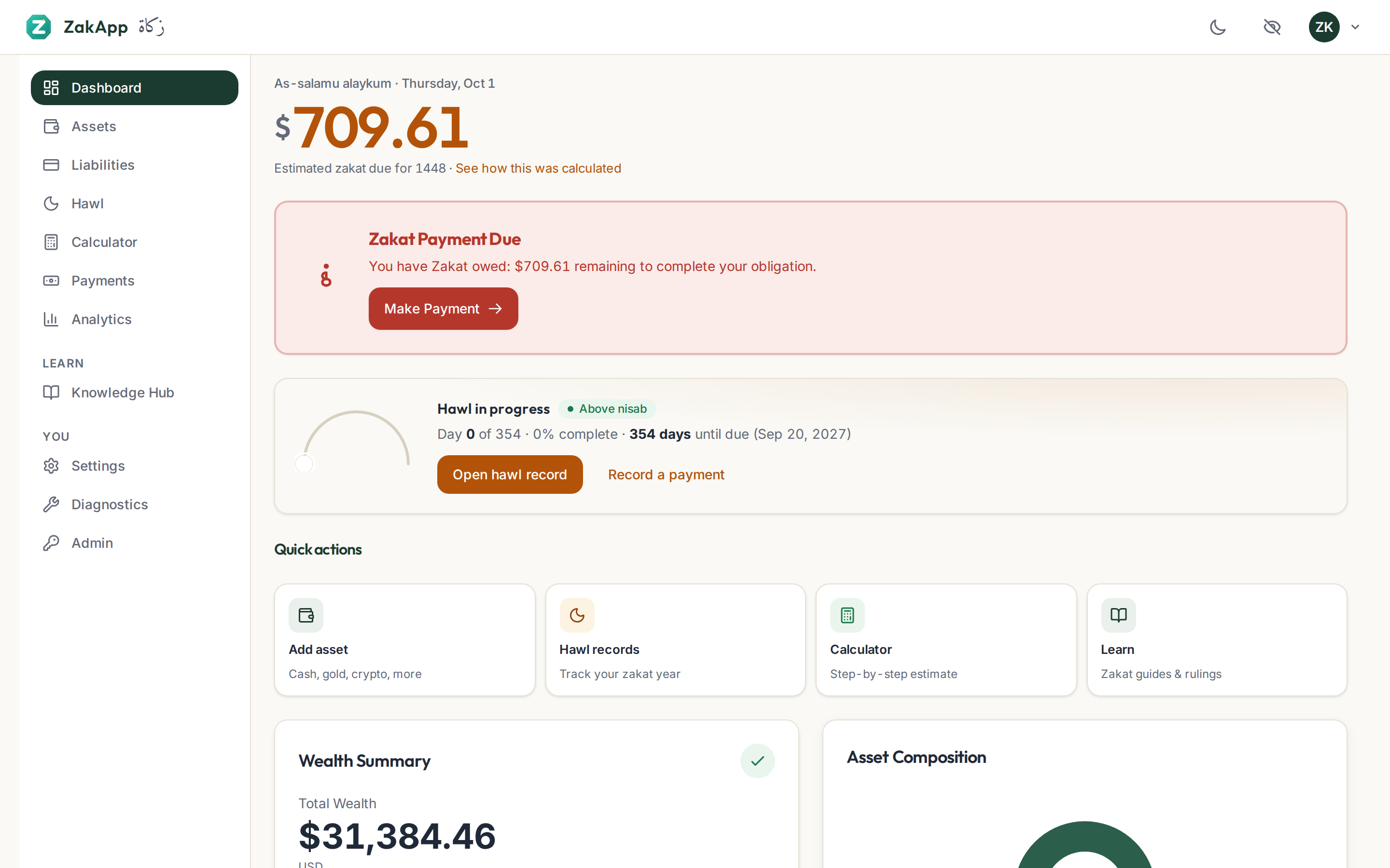 The ZakApp dashboard: an estimated zakat due figure, a hawl in progress with a progress bar, quick actions, and a wealth summary.